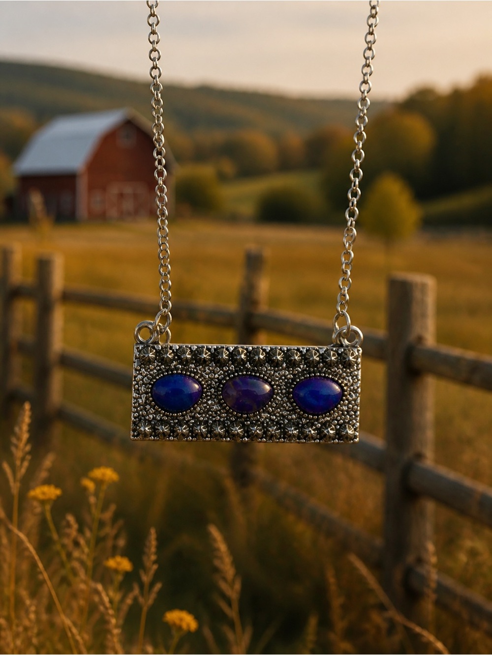 Silver tone Necklace with Blue Gemstone Accents